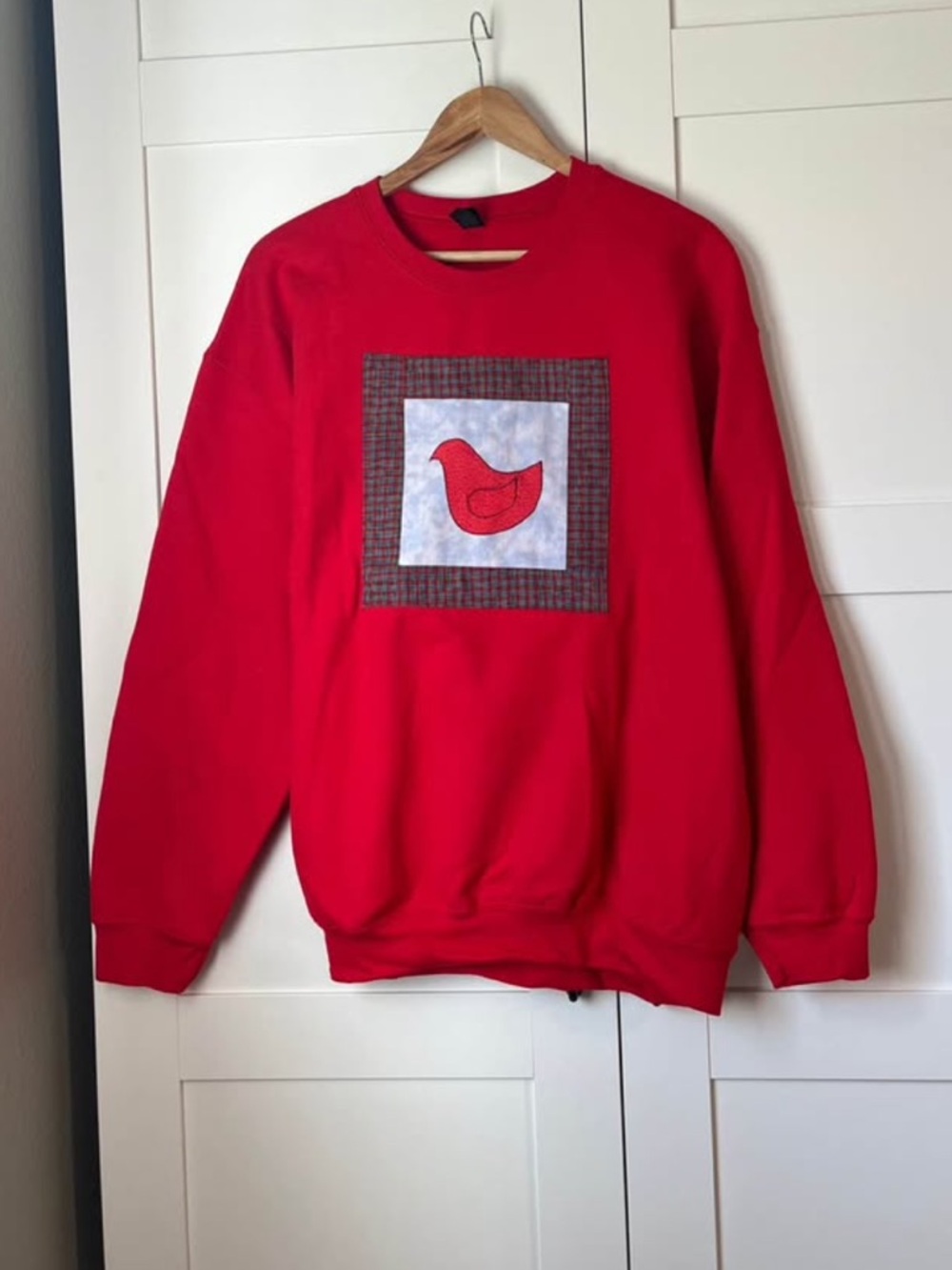 Red Crewneck Sweater with Quilted Bird Patch